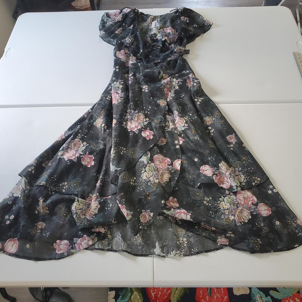 Whimsigoth Fairy Grunge Vintage Dress Wmn 8 Floral Ruffle Wrap Sheer Layered 70s